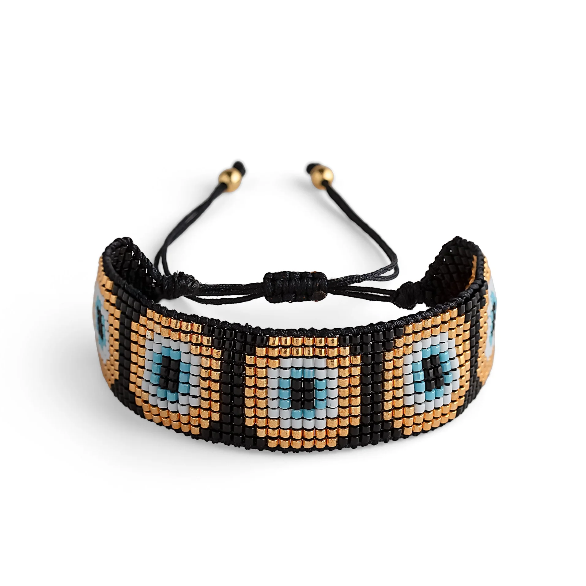 Black, Gold, White and Blue Evil Eye Japanese Miyuki Beaded Bracelet