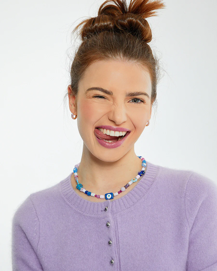 Blue & Purple Natural Stone Beaded Charm Necklace - Image 2