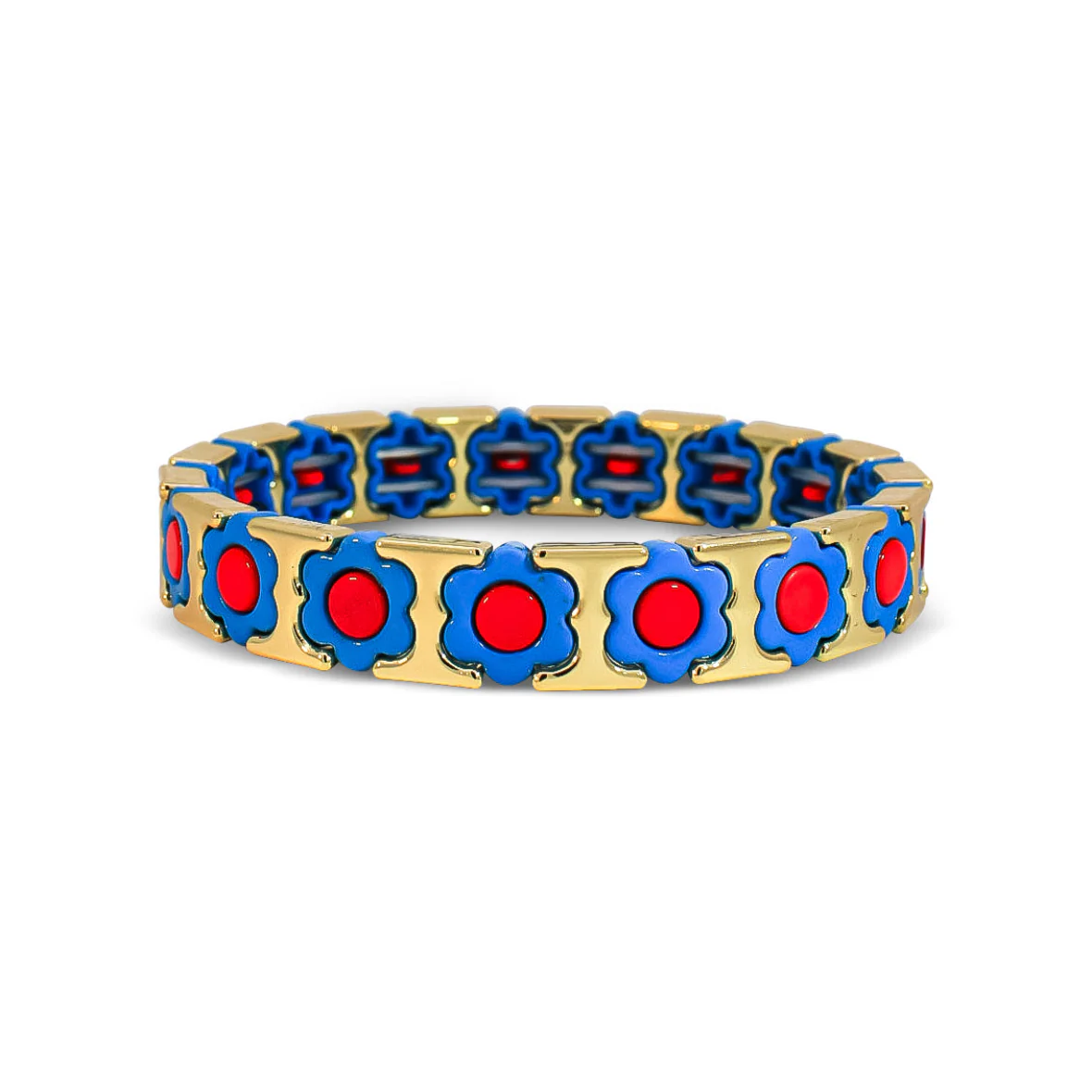 Blue and Red Flower and Gold-Tone Metal Beaded Bracelet