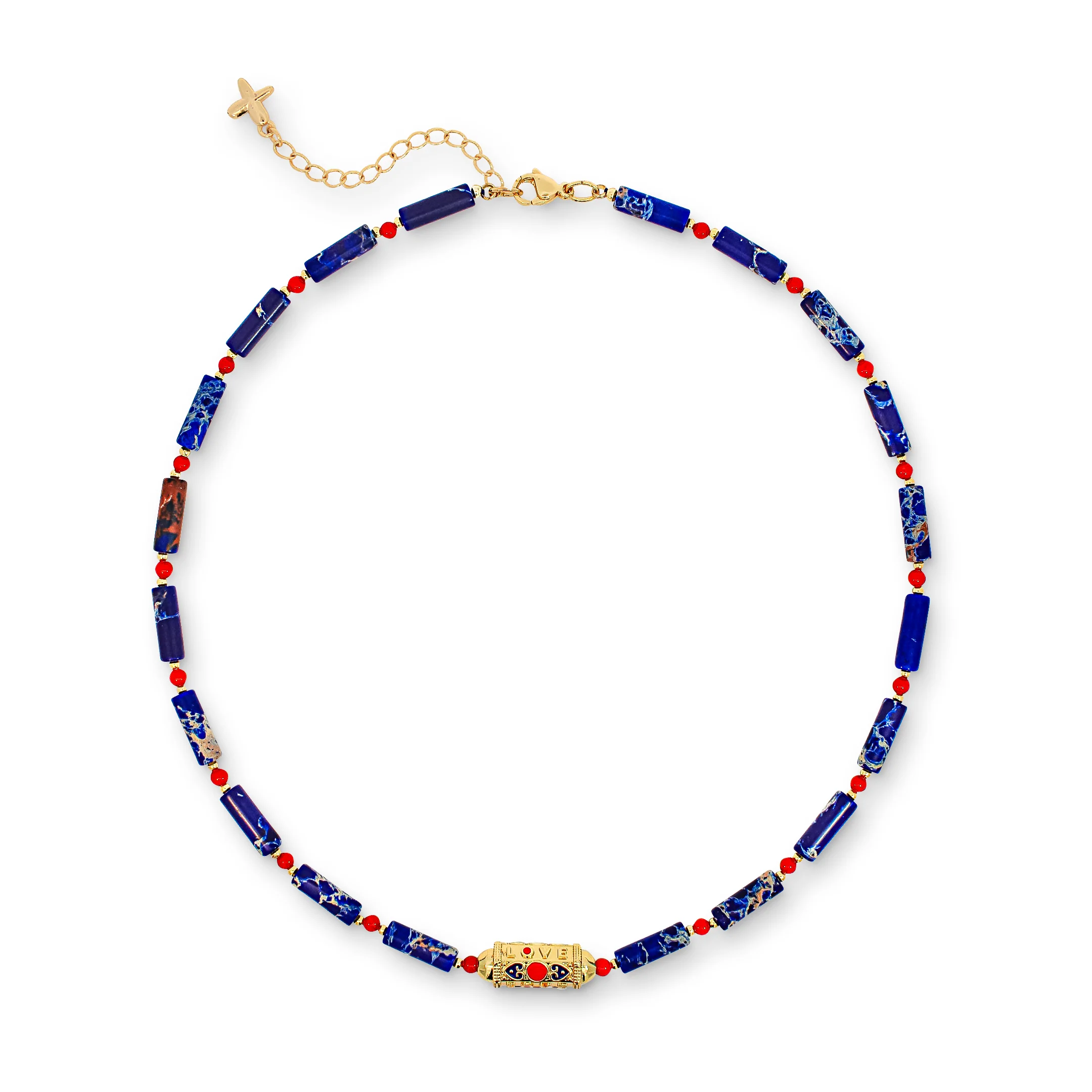 Blue & Red Natural Stone Beaded Charm Necklace