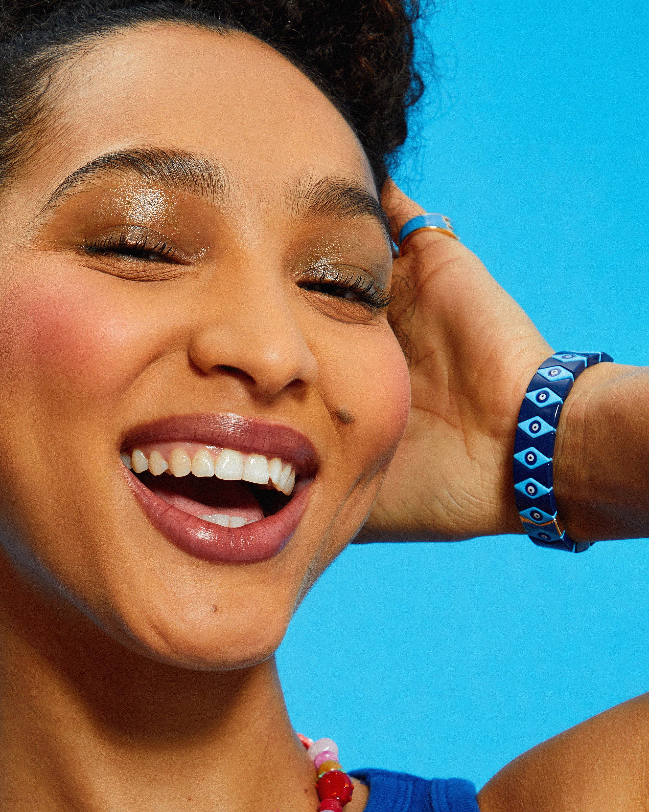 Blue Evil Eye Diamond Pattern Metal Bracelet - Image 2