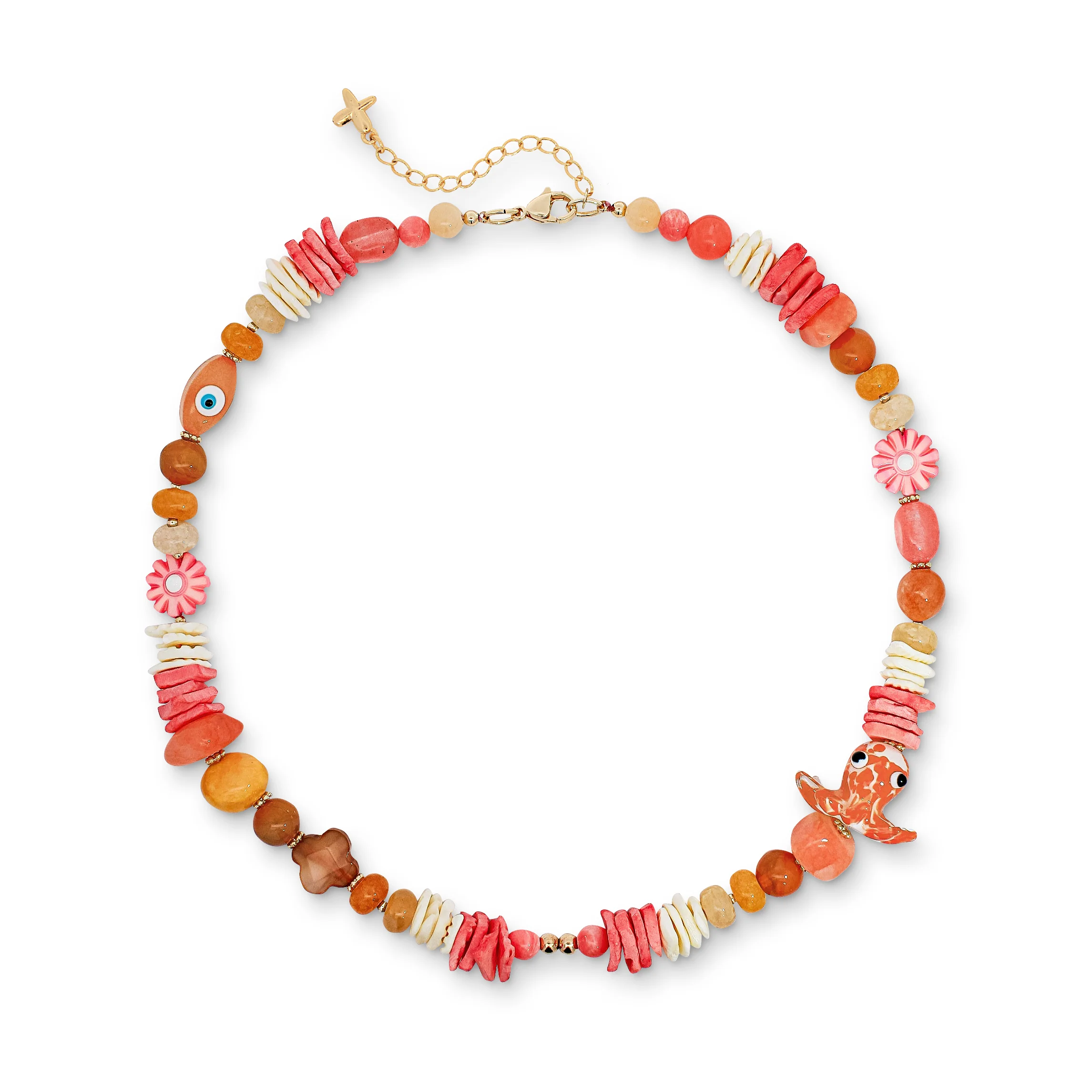 Coral, Orange & Yellow Mixed Jade Natural Stone and Shell Beaded Charm Necklace