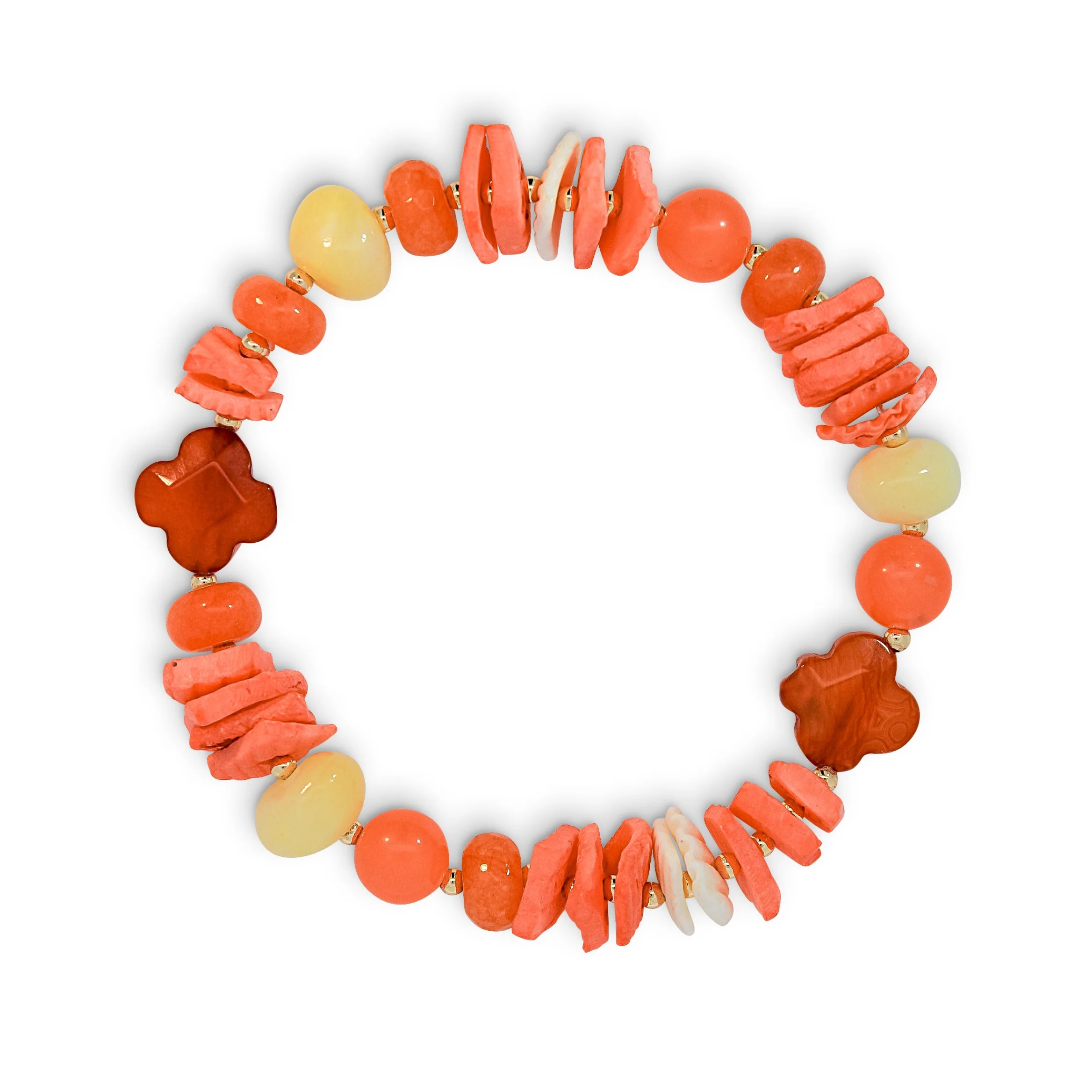 Coral, Orange & Yellow Natural Shell and Beaded Bracelet