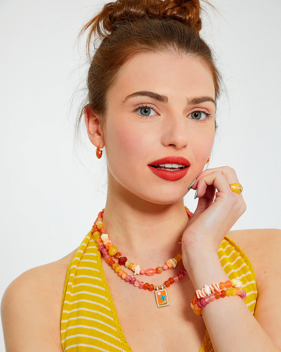 Coral, Orange & Yellow Natural Shell and Beaded Bracelet - Image 2