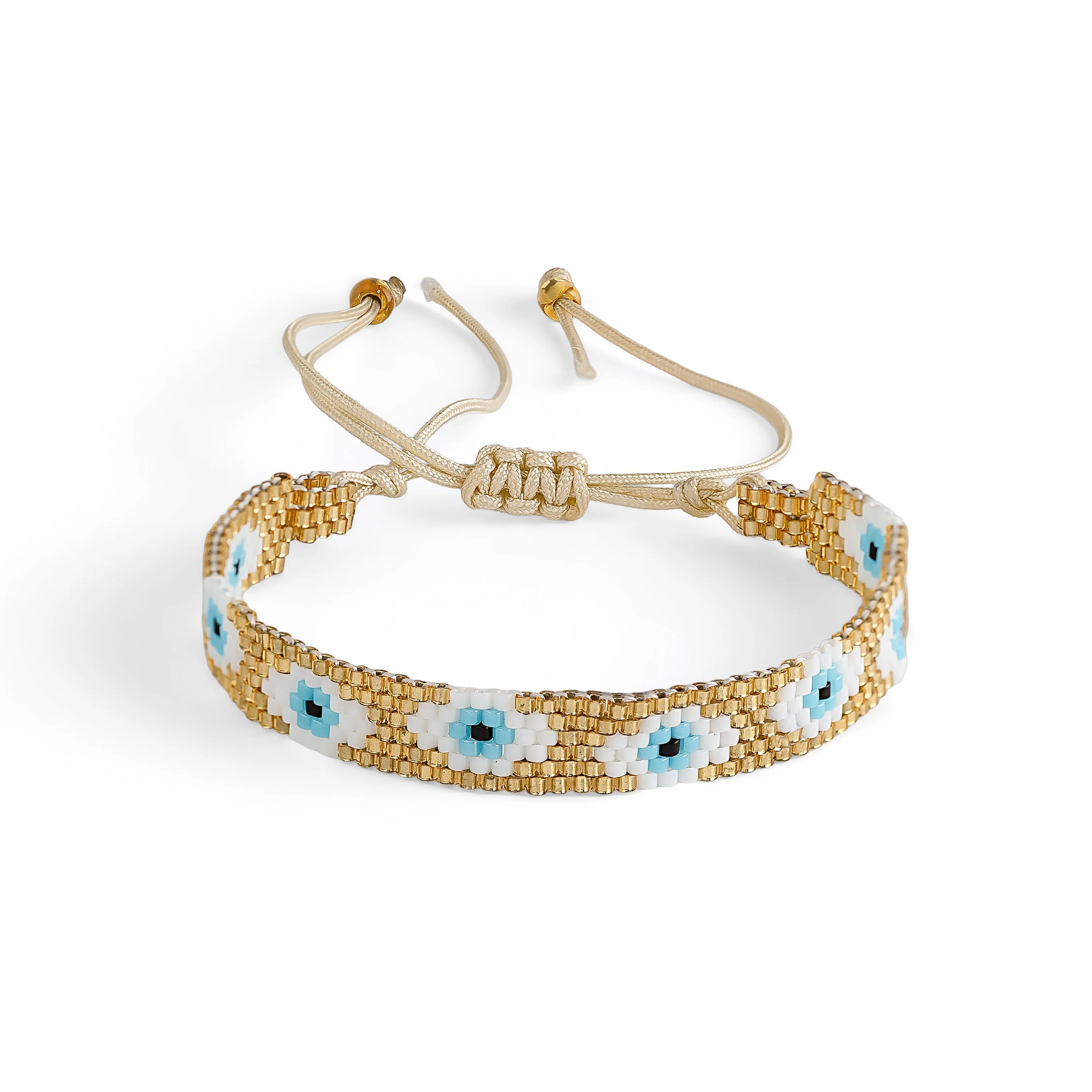 Gold, White and Blue Evil Eye Japanese Miyuki Beaded Bracelet