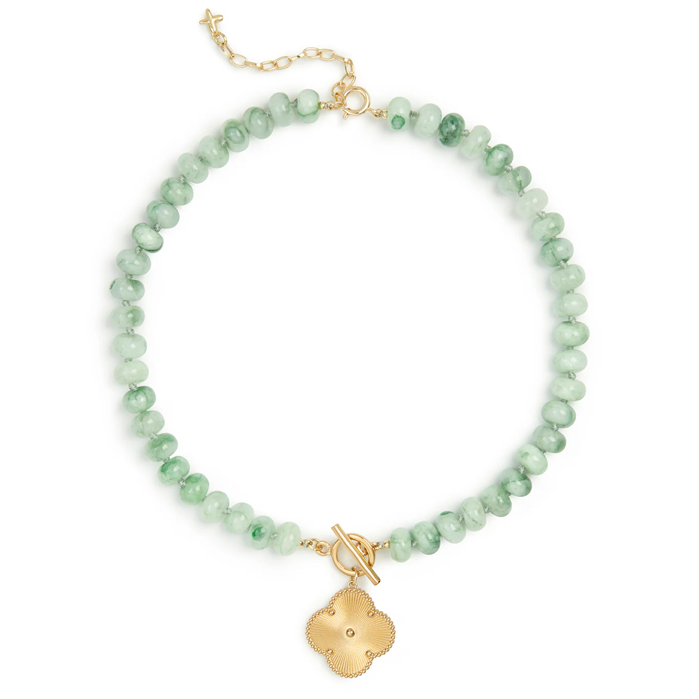 Green Jade Stone Natural Beaded Clover Charm Necklace