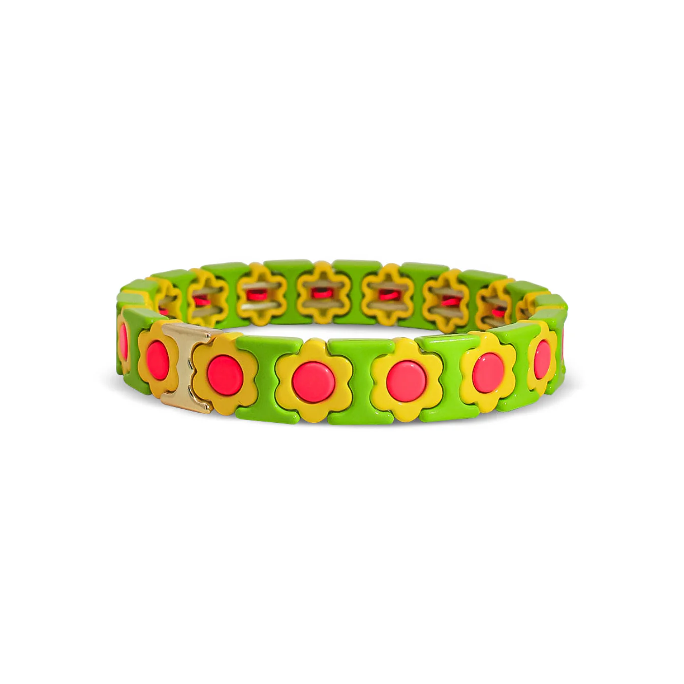Green, Yellow and Pink Flower Metal Beaded Bracelet