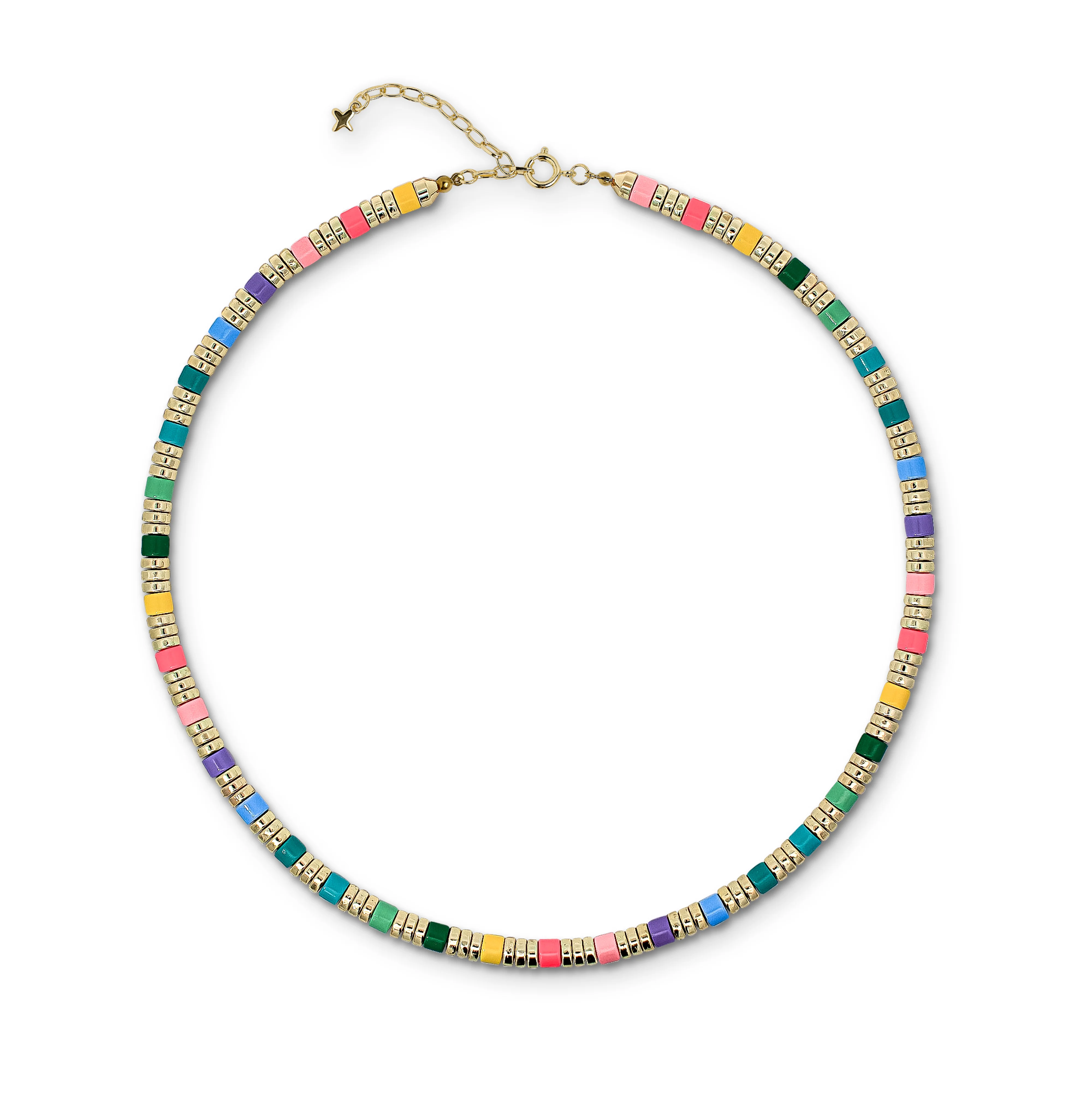 Multicoloured Pastel Rainbow and Gold-Tone Metal Beaded Necklace