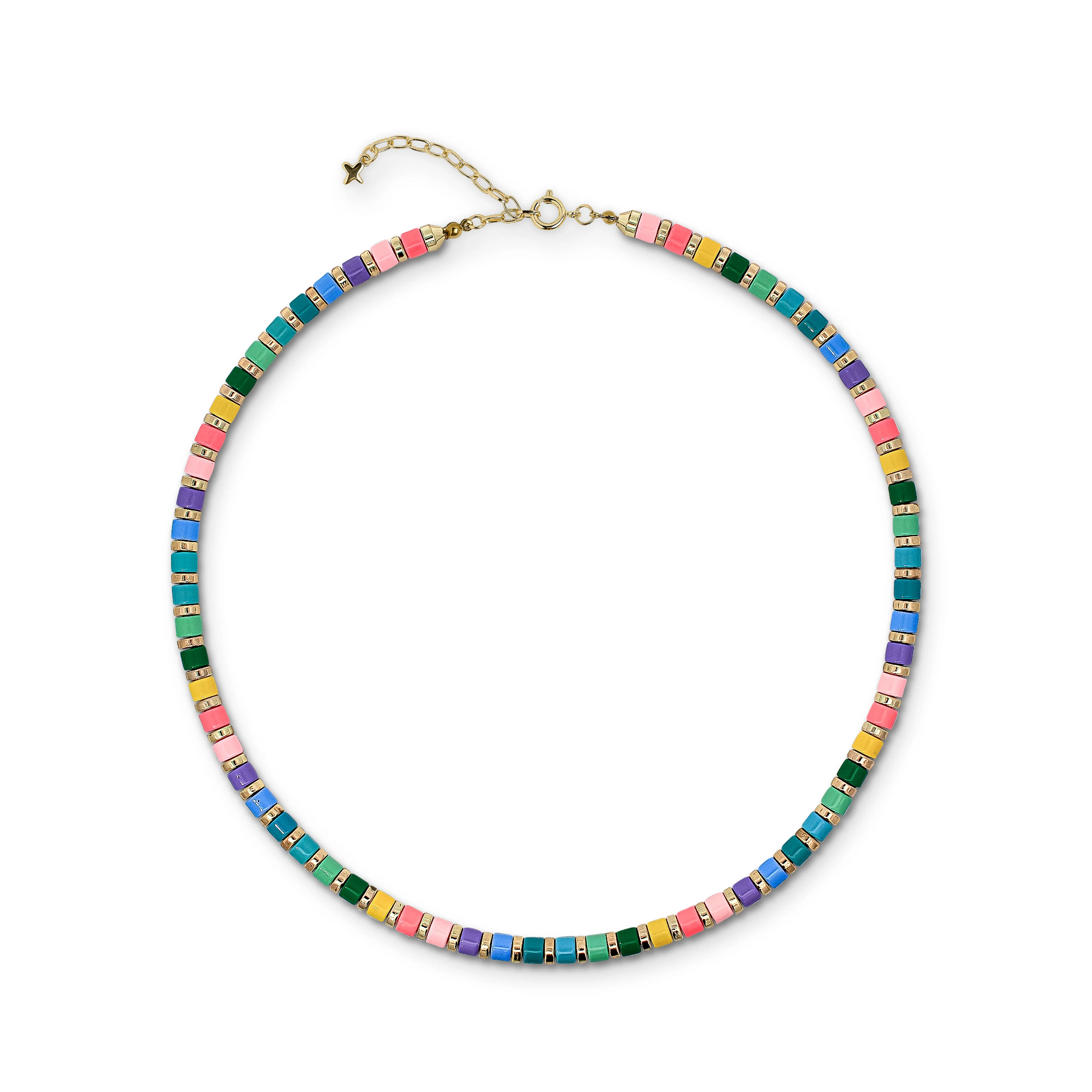Multicoloured Pastel Rainbow and Gold-Tone Metal Beaded Necklace