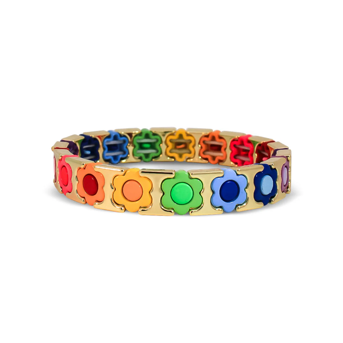 Multicoloured Rainbow Flower and Gold-Tone Metal Beaded Bracelet
