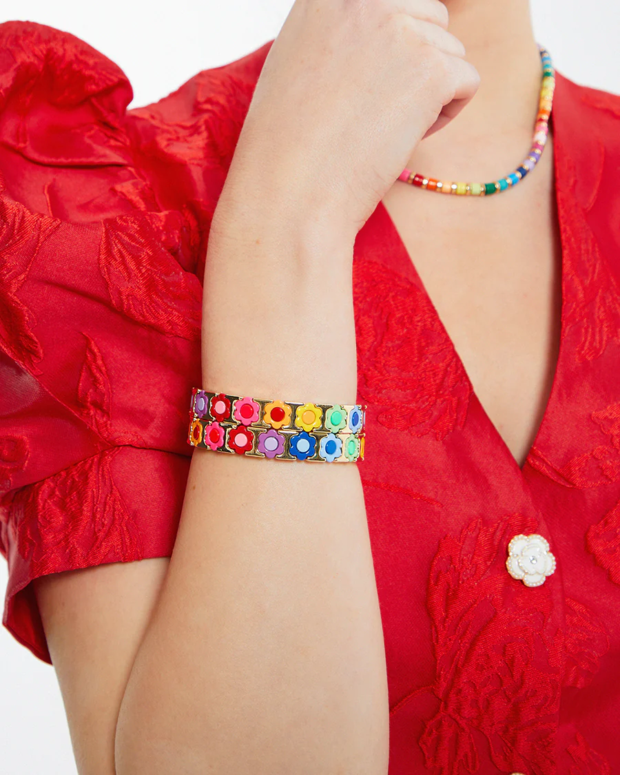 Multicoloured Rainbow Flower and Gold-Tone Metal Beaded Bracelet - Image 2