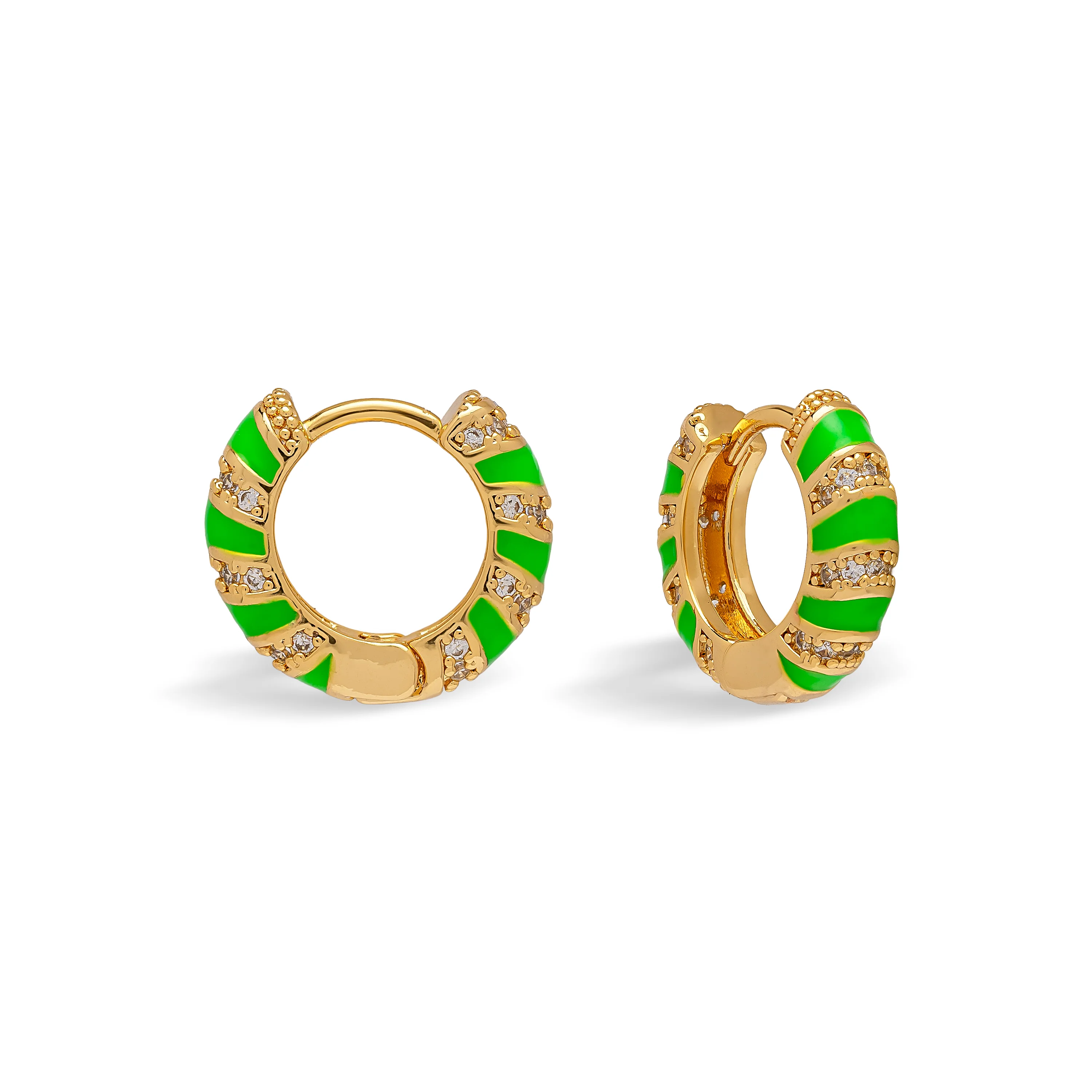 Neon Green Twisted Cubic Zirconia Huggie Hoop Earrings