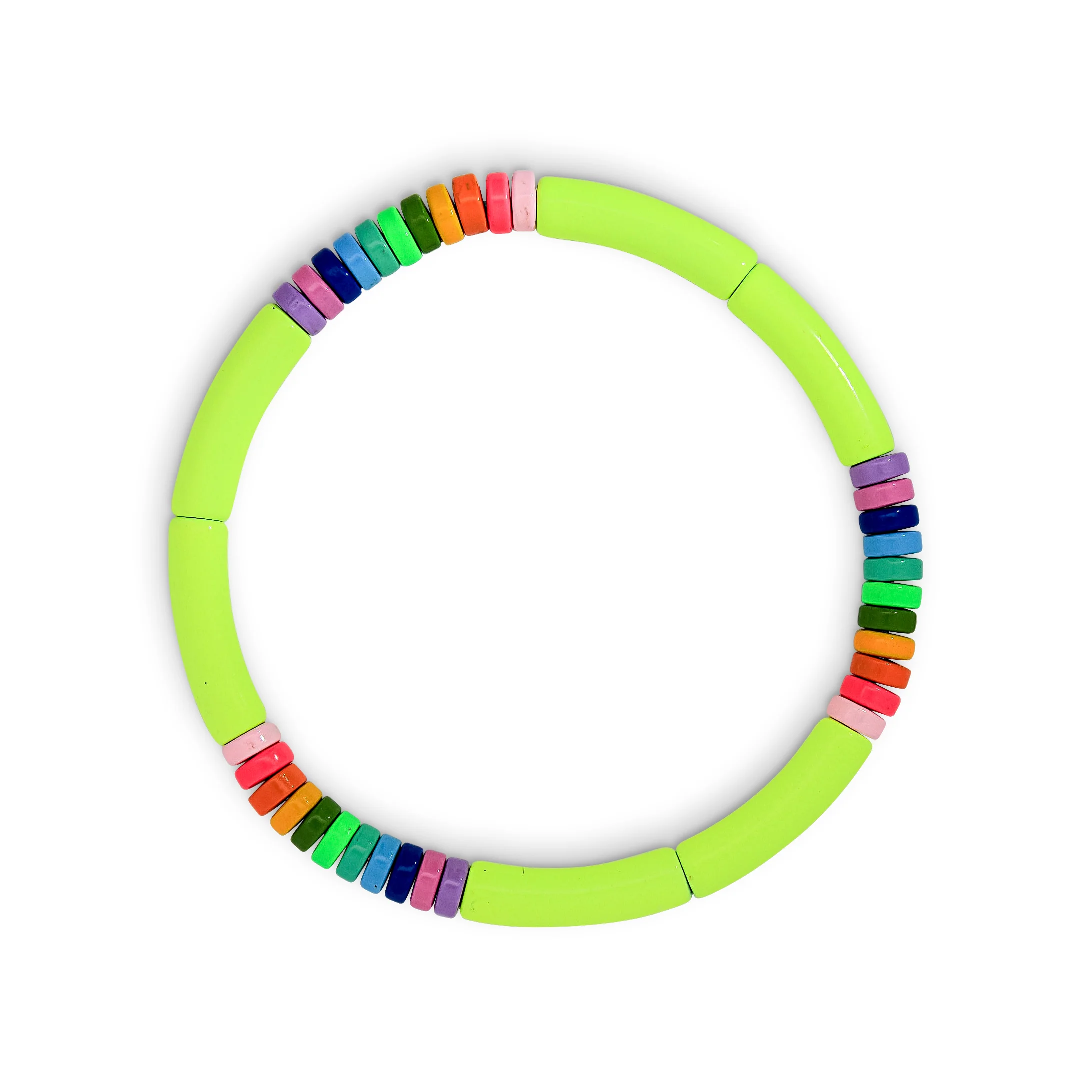 Neon Yellow and Rainbow Metal Beaded Bracelet