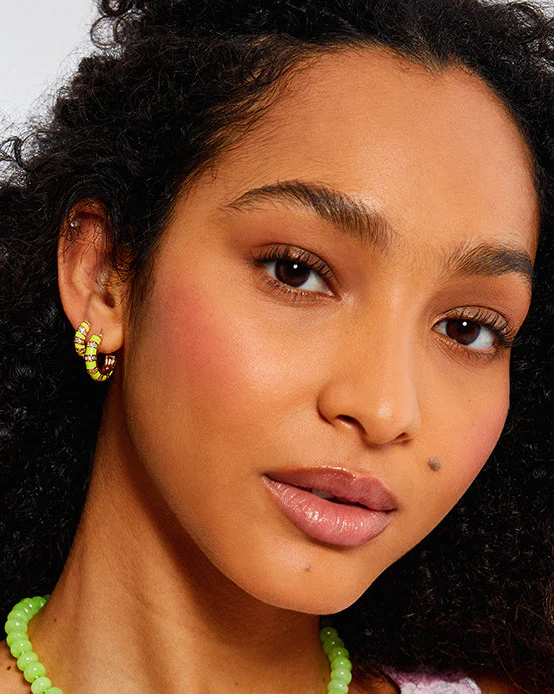 Neon Yellow Twisted Cubic Zirconia Huggie Hoop Earrings - Image 2