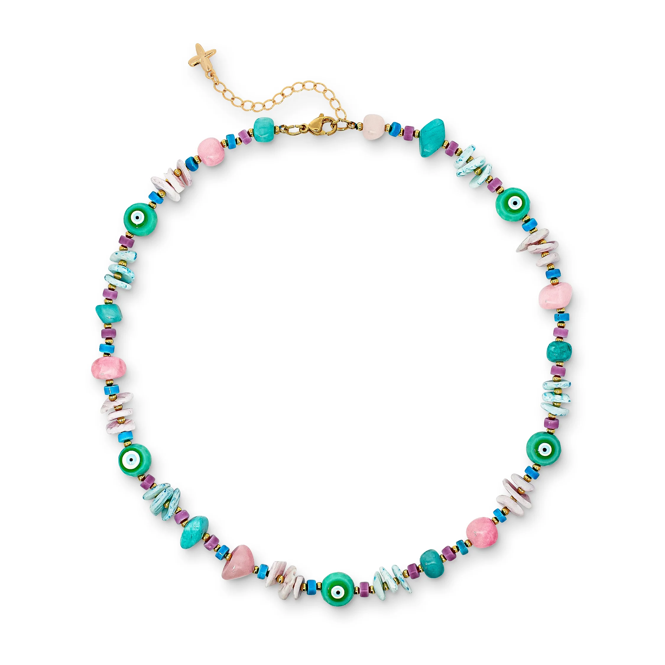 Pink, Blue & Green Mixed Natural Jade Stone and Shell Beaded Necklace