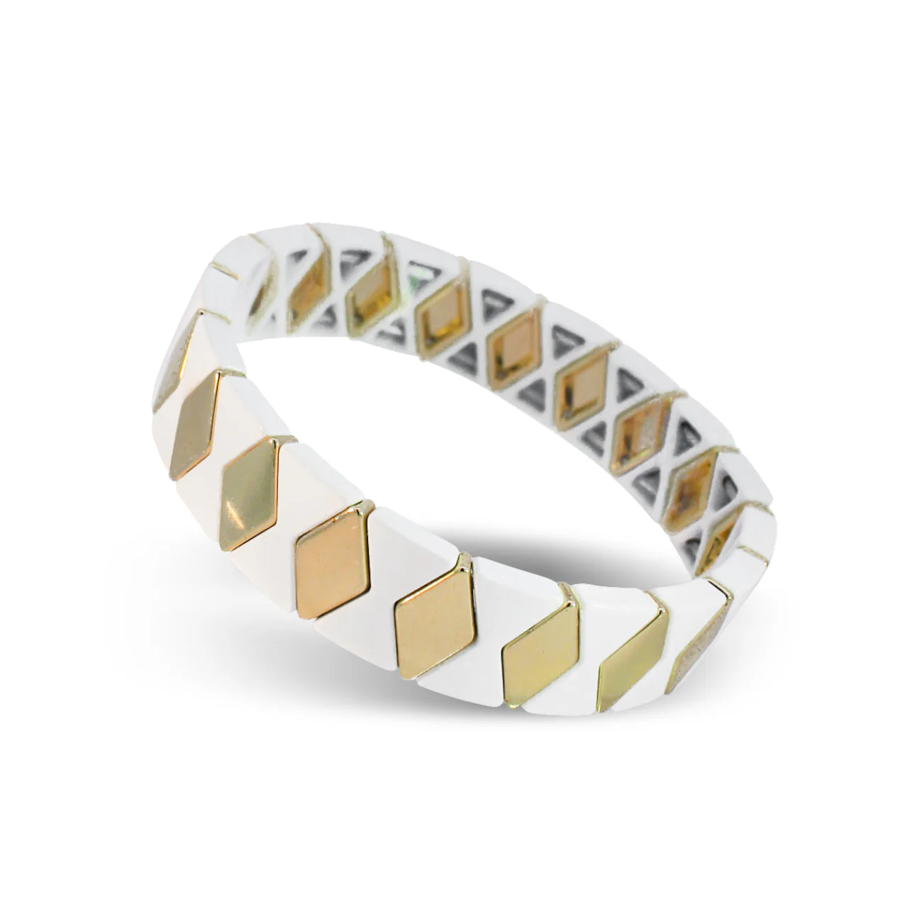 White and Gold Diamond Pattern Metal Bracelet